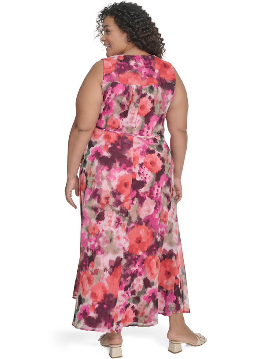 Plus Size V-Neck Floral Printed Fit and Flare Dress