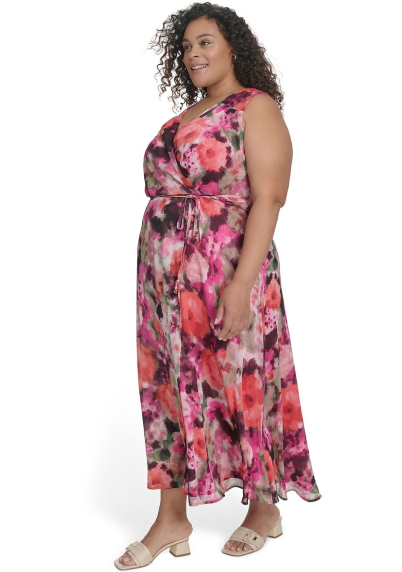 Plus Size V-Neck Floral Printed Fit and Flare Dress