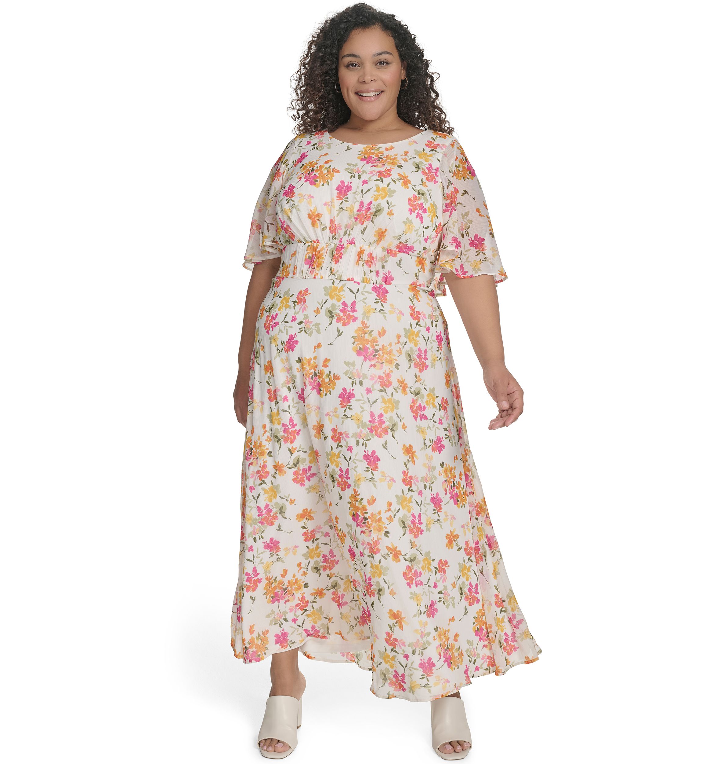 Plus Size Floral Printed Fit and Flare Chiffon Dress