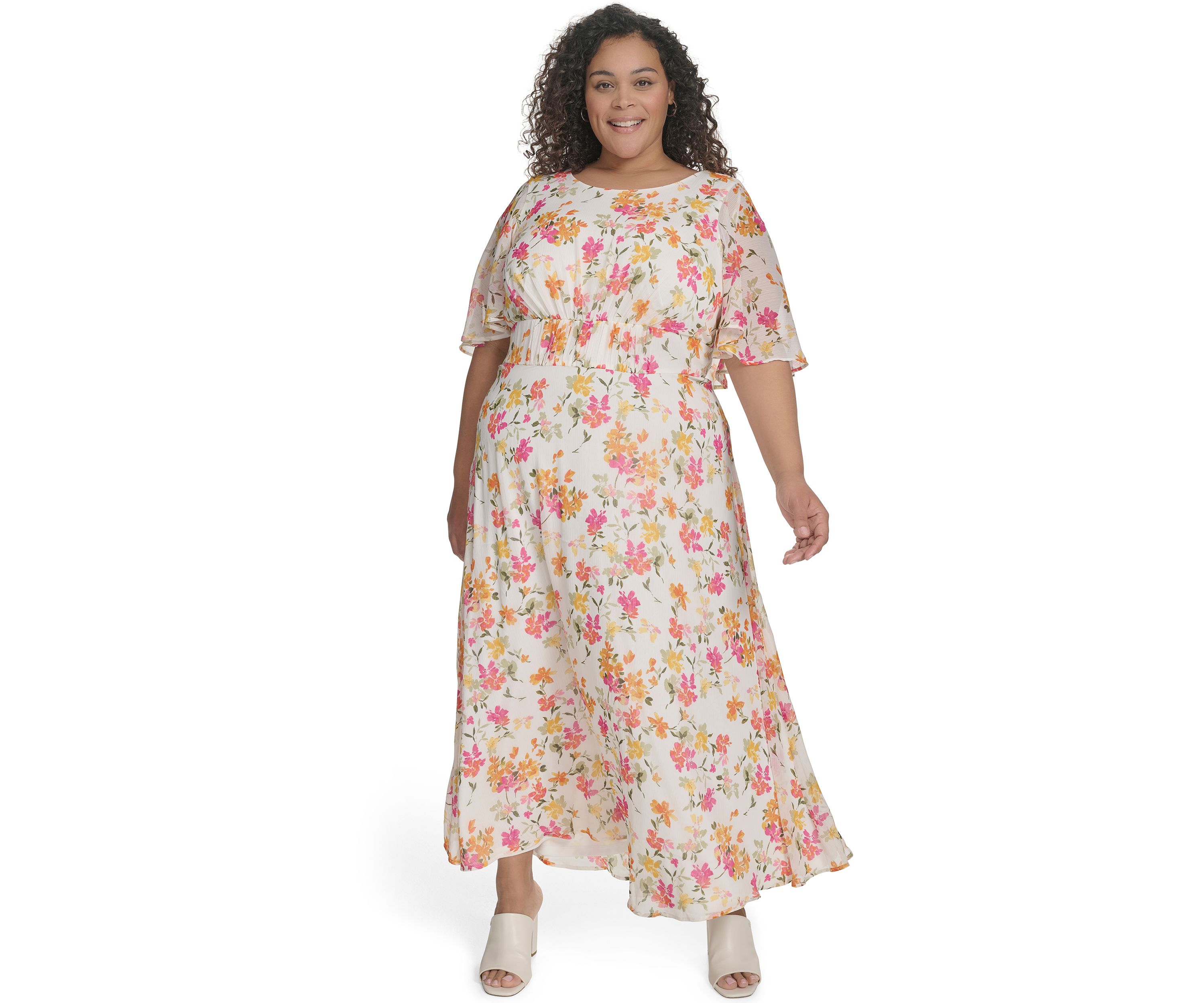 Plus Size Floral Printed Fit and Flare Chiffon Dress