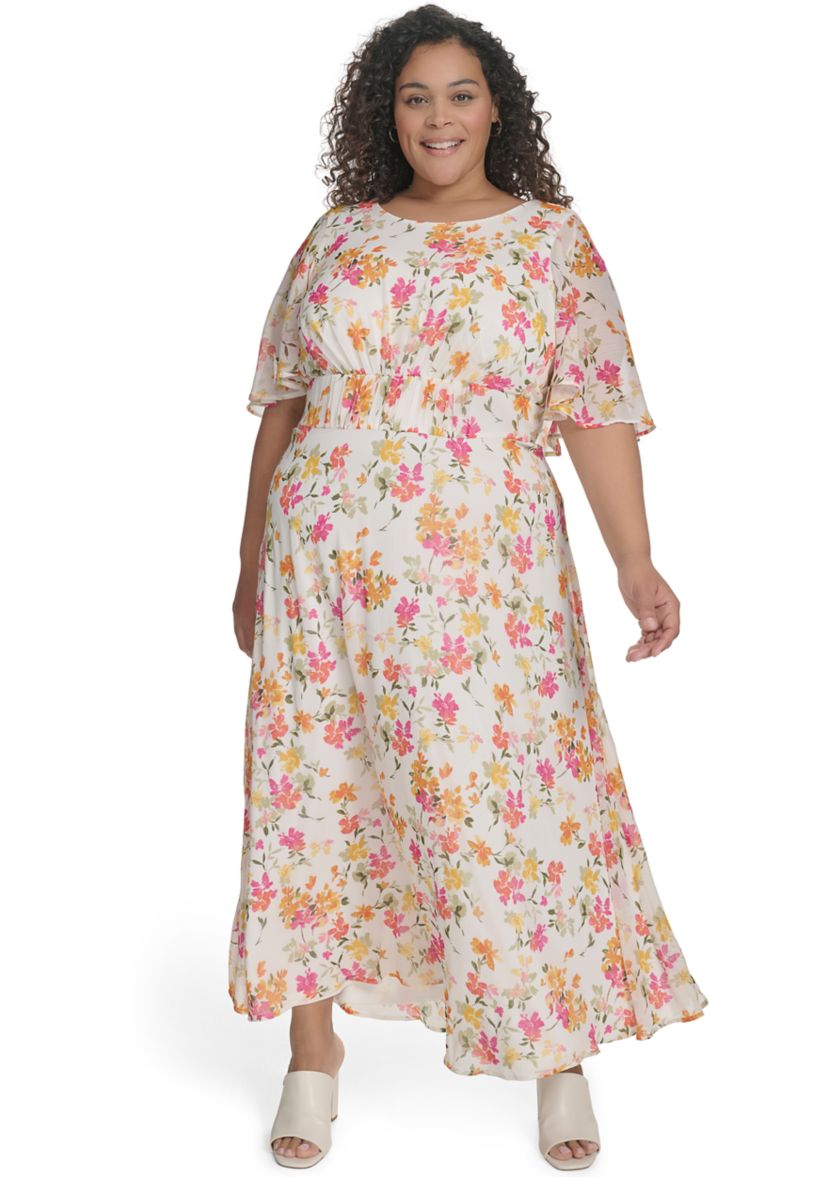 Plus Size Floral Printed Fit and Flare Chiffon Dress