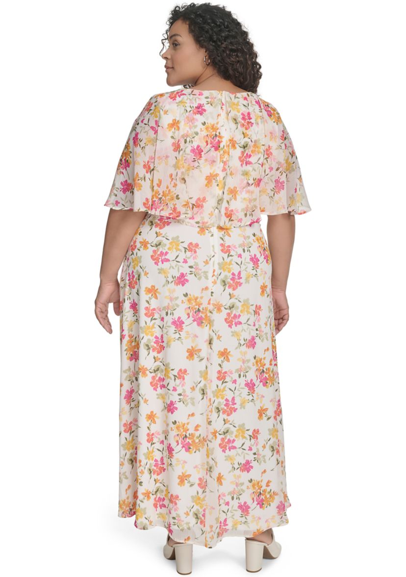 Plus Size Floral Printed Fit and Flare Chiffon Dress