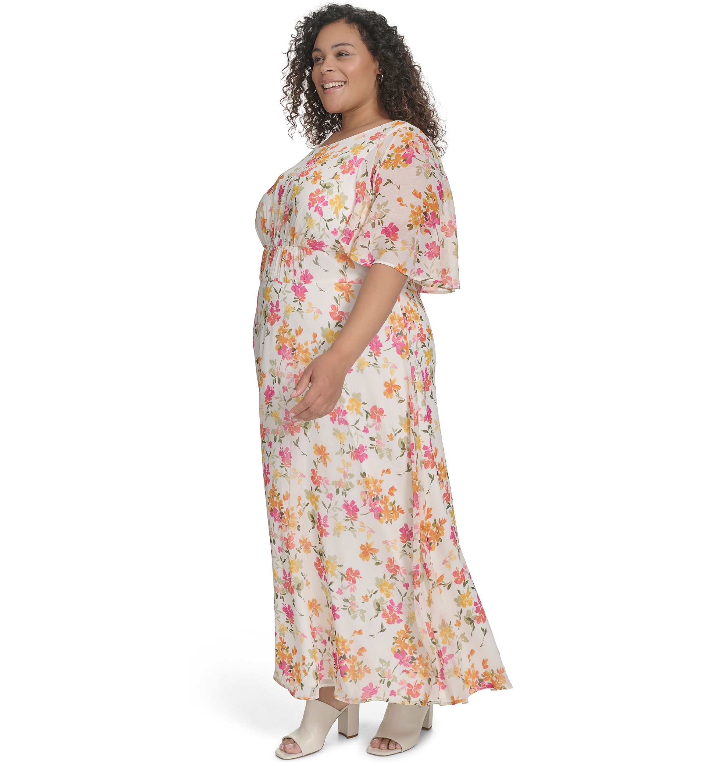 Plus Size Floral Printed Fit and Flare Chiffon Dress