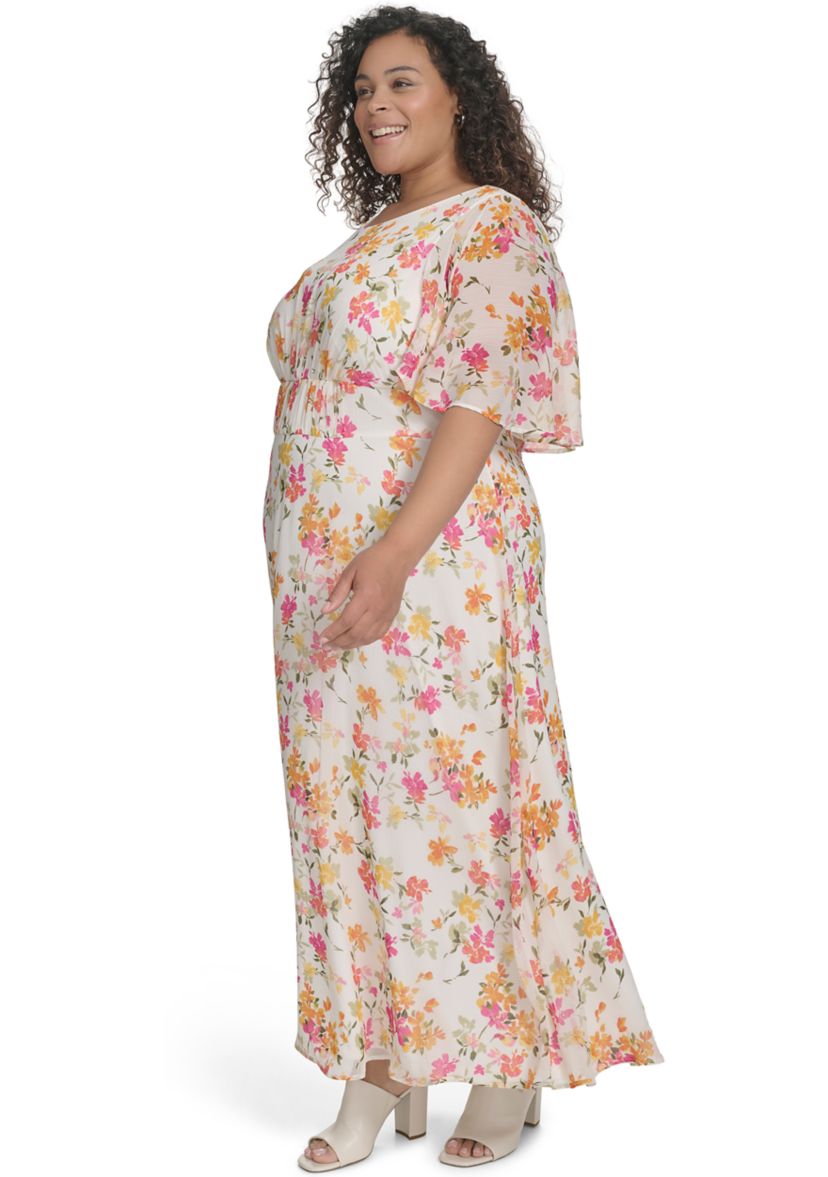 Plus Size Floral Printed Fit and Flare Chiffon Dress