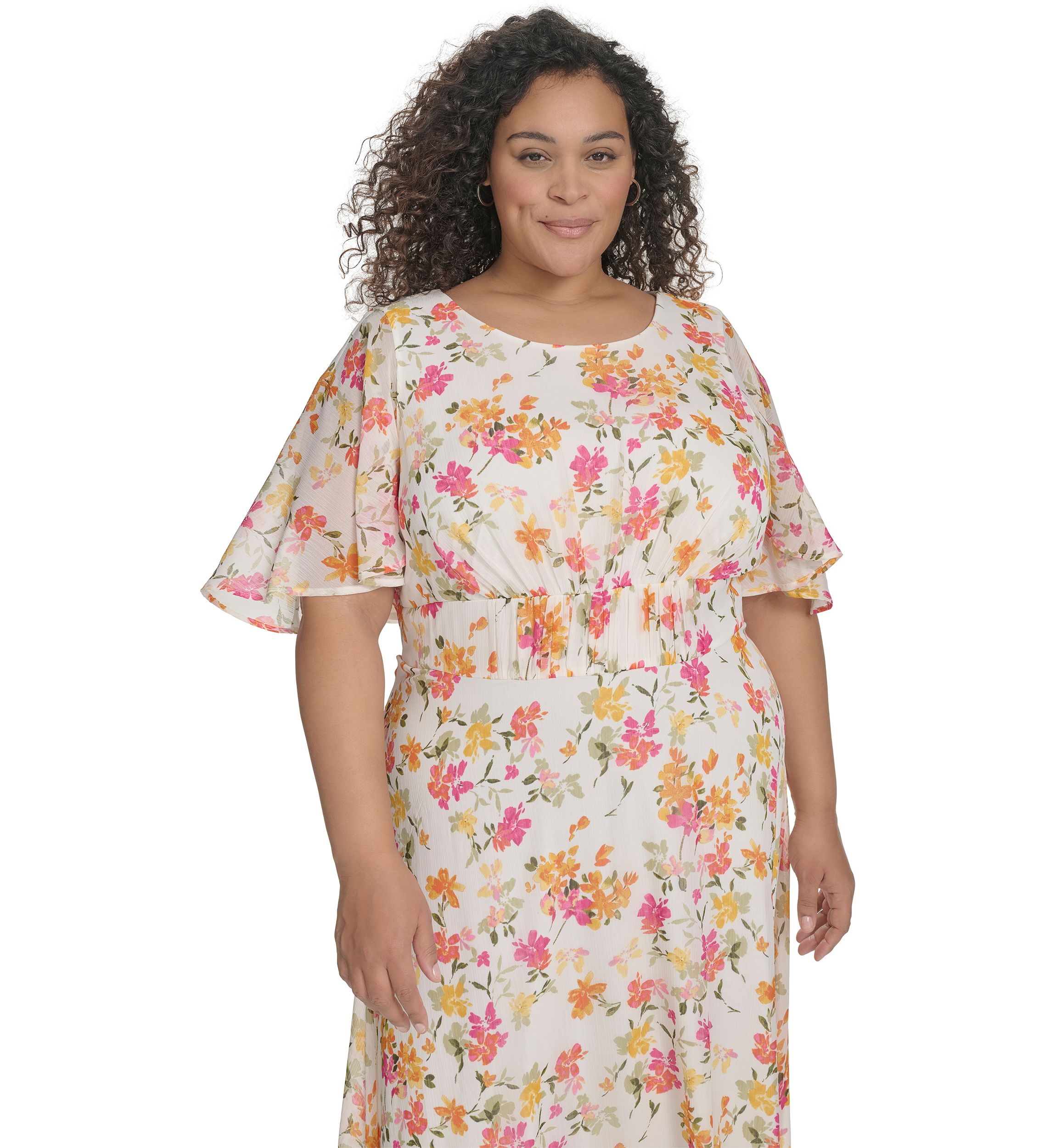 Plus Size Floral Printed Fit and Flare Chiffon Dress