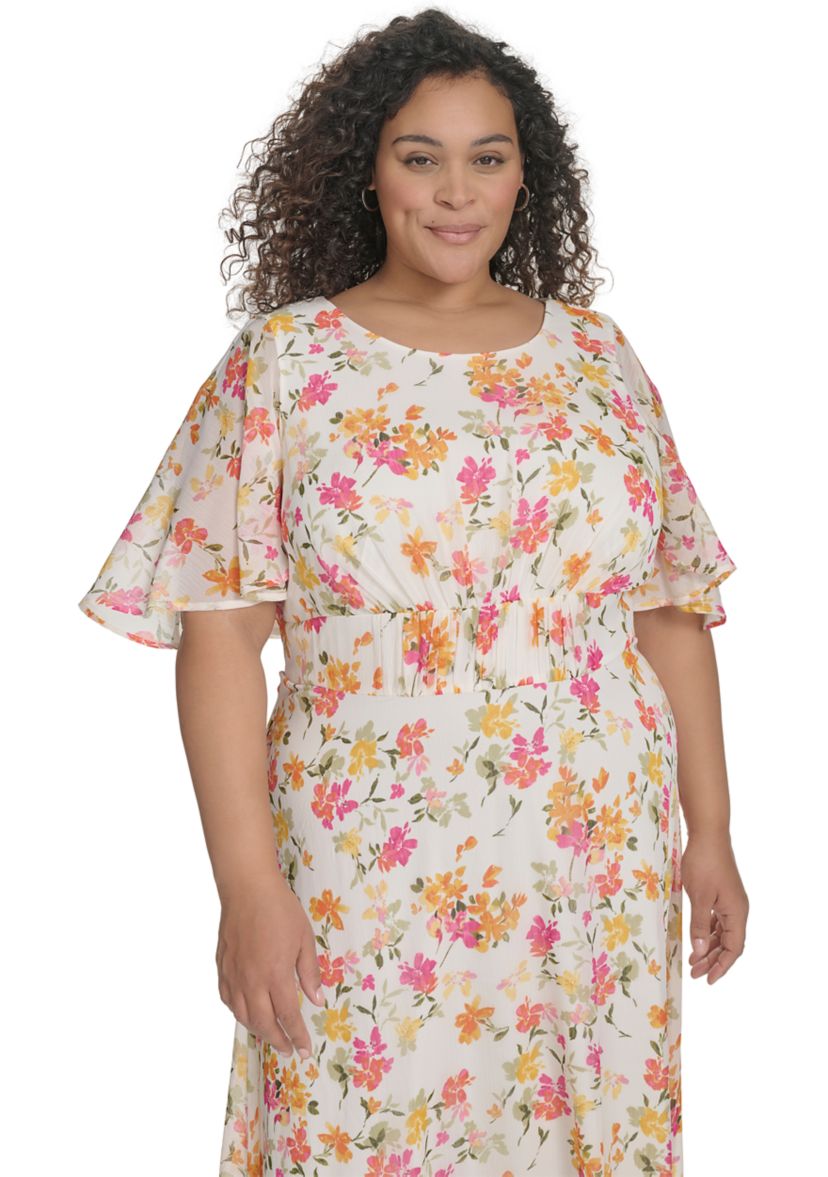 Plus Size Floral Printed Fit and Flare Chiffon Dress