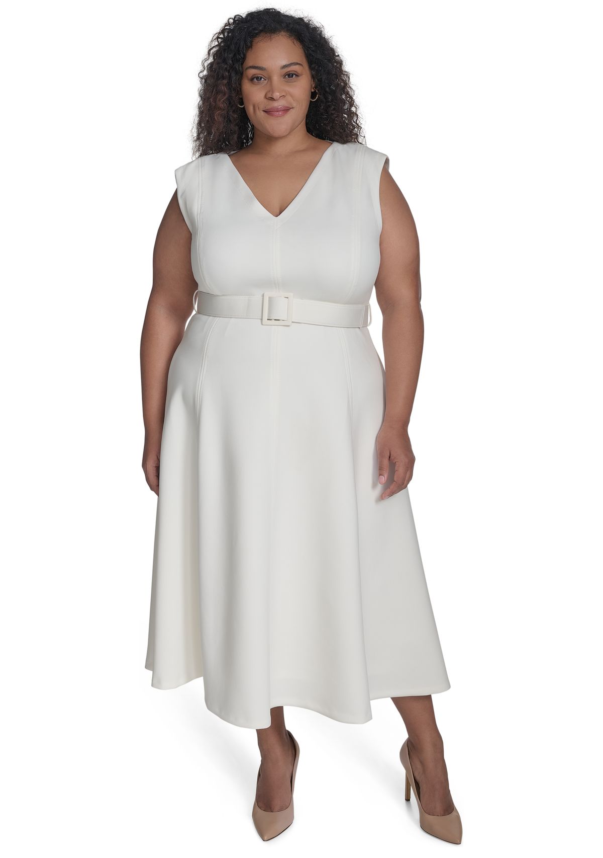 Plus Size Short Sleeve V-Neck Scuba Crepe Fit and Flare Dress