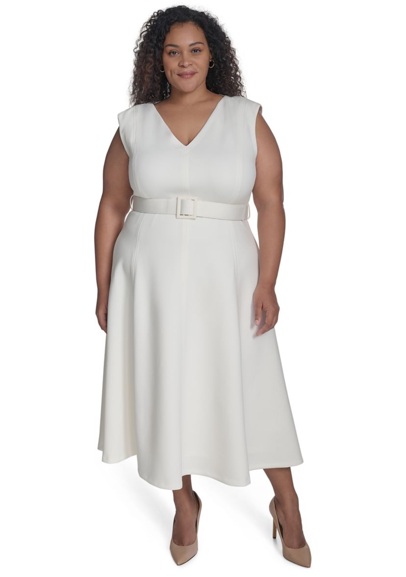 Plus Size Short Sleeve V-Neck Scuba Crepe Fit and Flare Dress