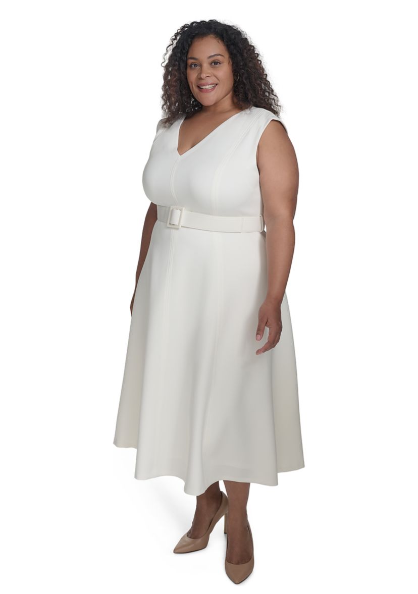 Plus Size Short Sleeve V-Neck Scuba Crepe Fit and Flare Dress