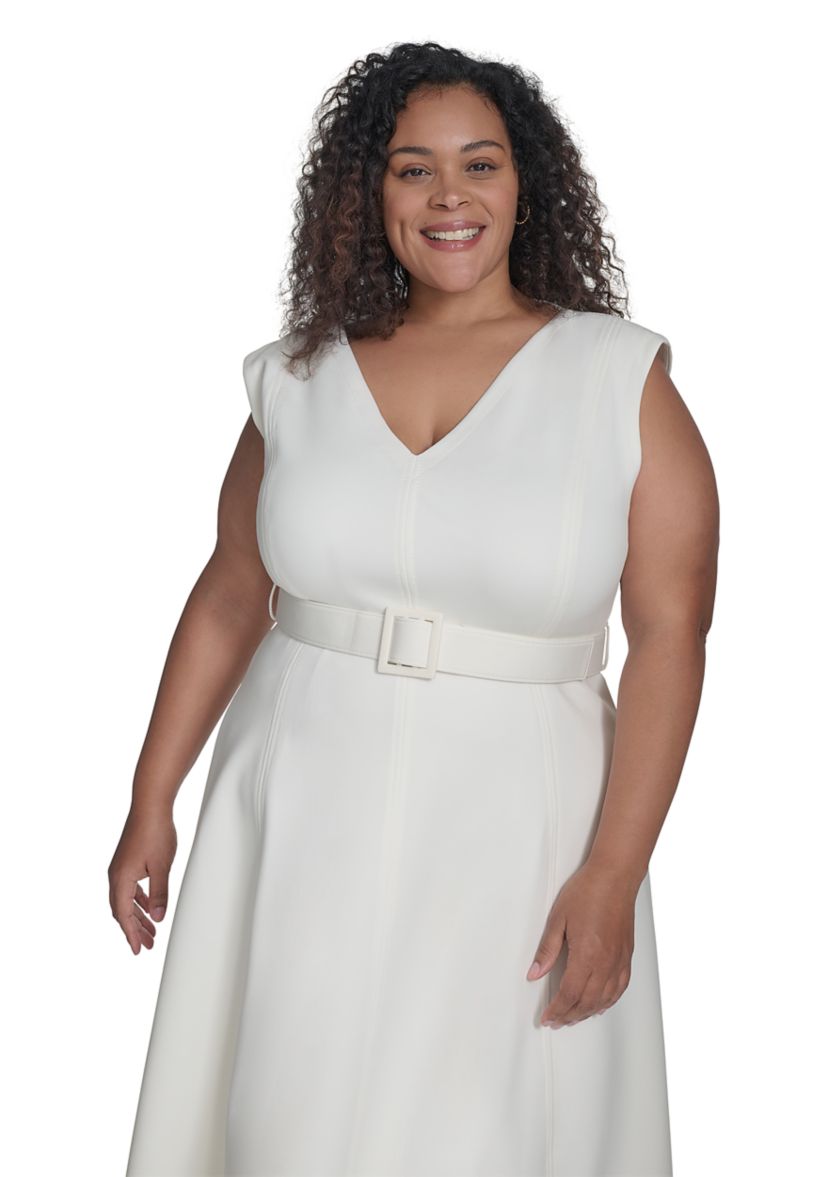 Plus Size Short Sleeve V-Neck Scuba Crepe Fit and Flare Dress