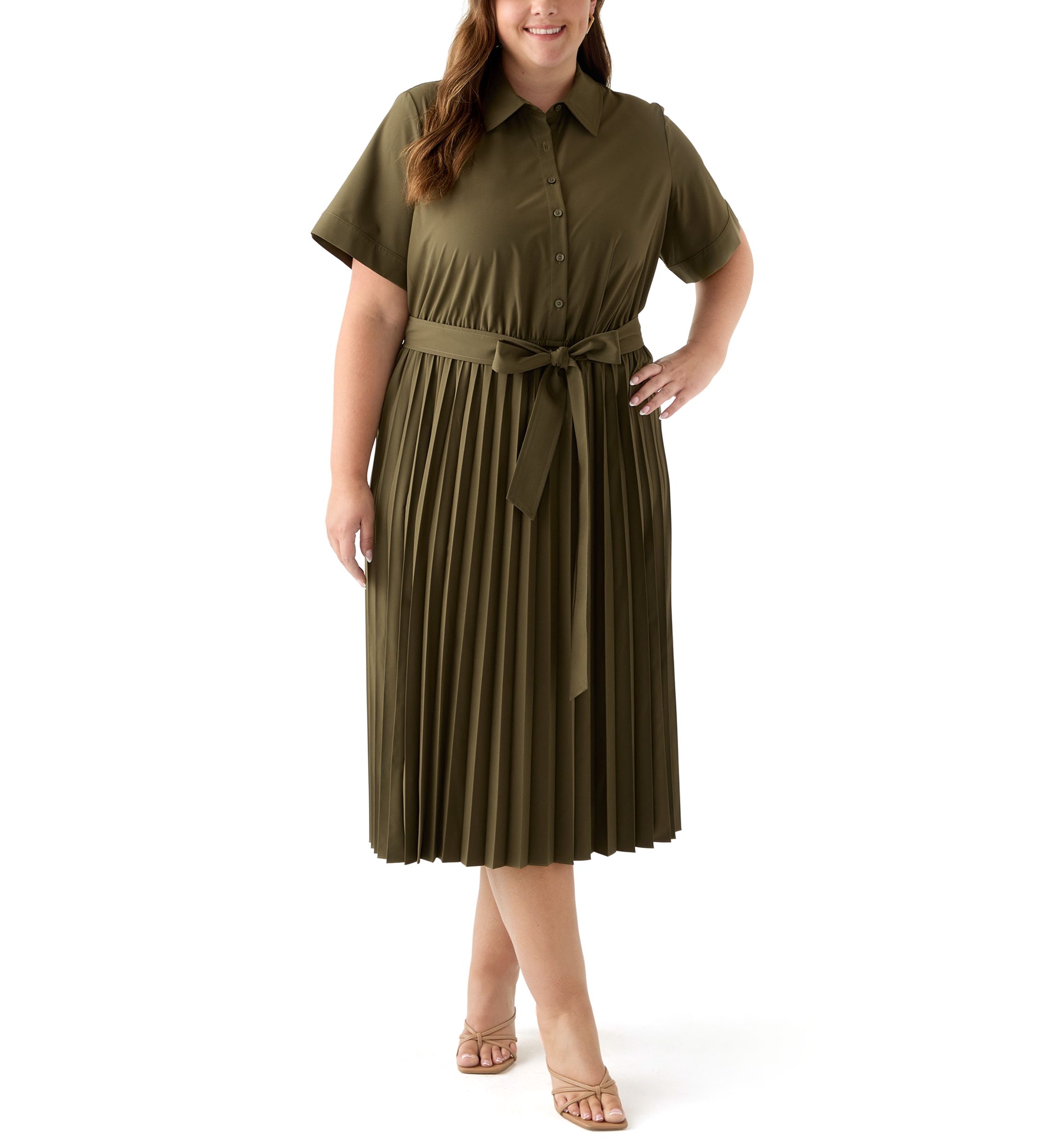Plus Short Sleeve V-Neck Solid Cotton Fit and Flare 