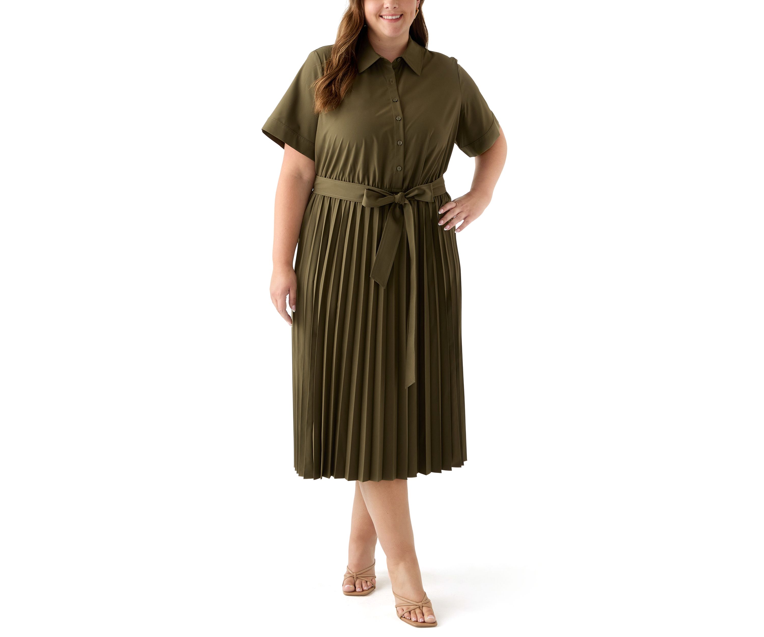 Plus Short Sleeve V-Neck Solid Cotton Fit and Flare 