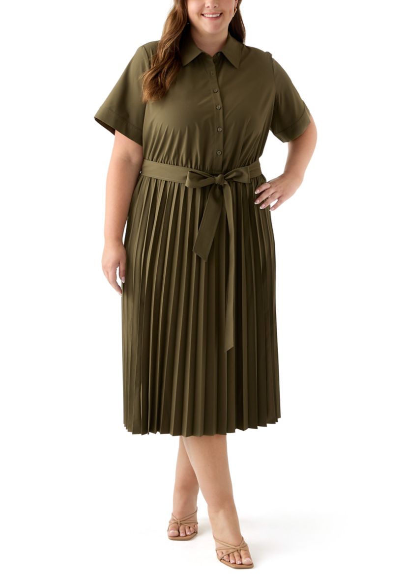 Plus Short Sleeve V-Neck Solid Cotton Fit and Flare 