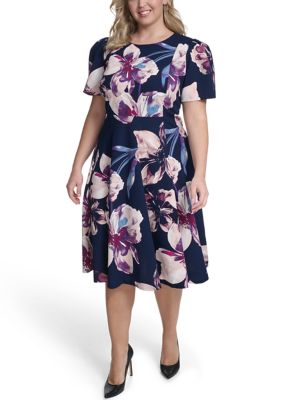 Calvin Klein Women's Plus Size Short Sleeve Printed Scuba Midi Dress, 14
