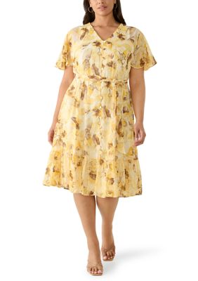 Calvin Klein Women's Plus Size Short Sleeve Printed Chiffon V-Neck Midi Dress, 14