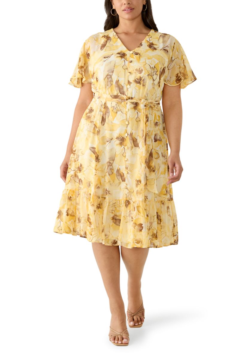 Calvin Klein Plus Size Short Sleeve Printed Chiffon V-Neck Midi Dress