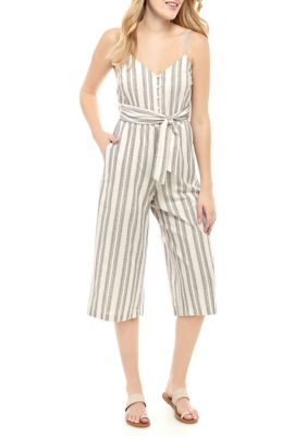 As U Wish Junior's Tie Waist Stripe Linen Jumpsuit | belk