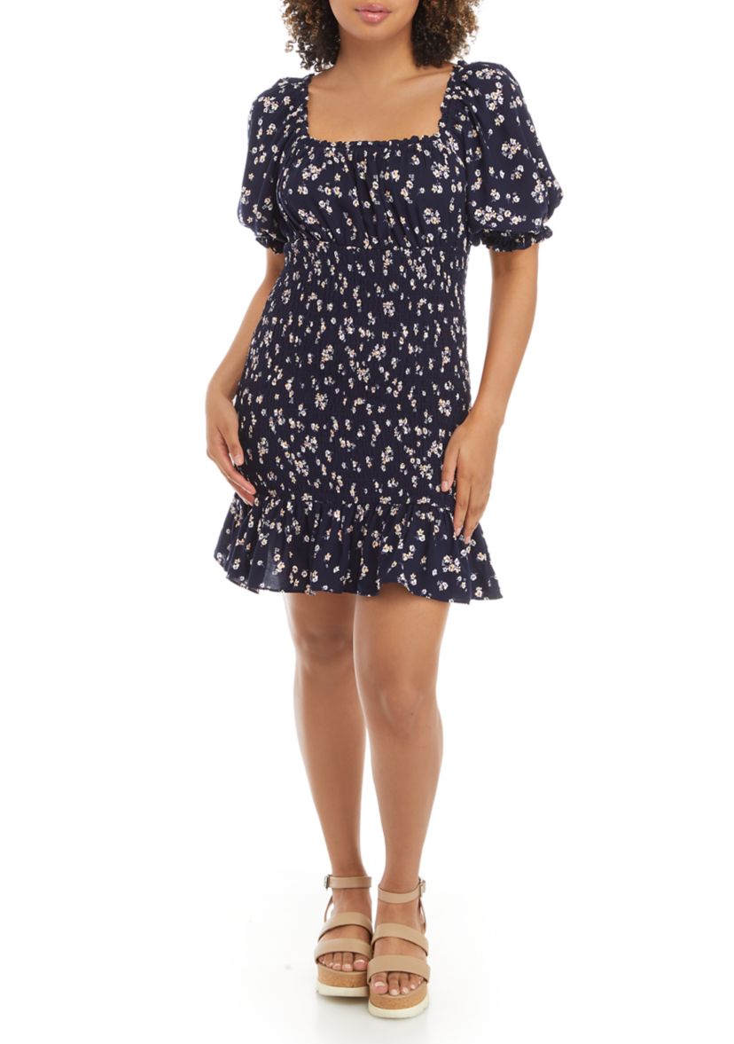 Juniors Puff Sleeve Floral Smocked Dress 