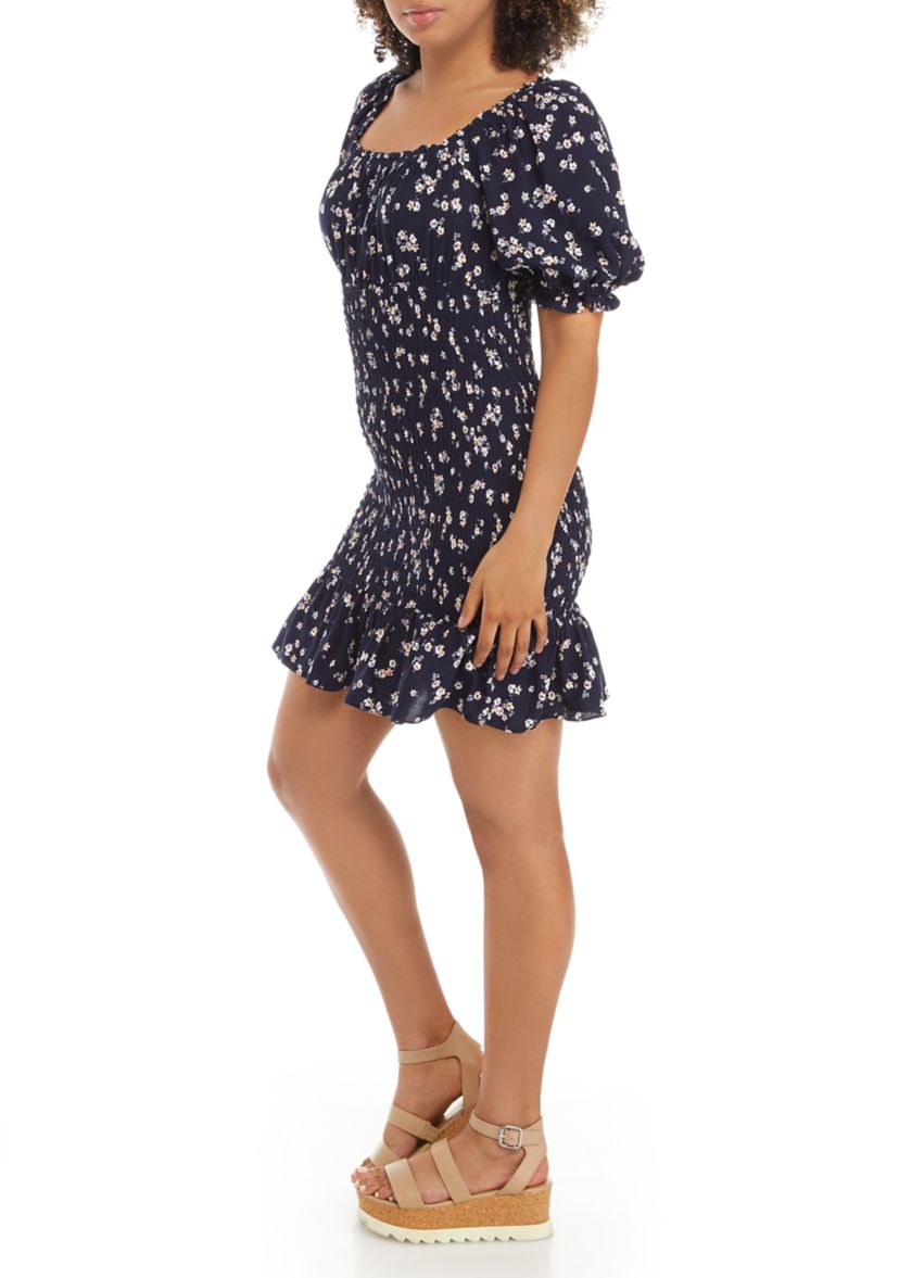 Juniors Puff Sleeve Floral Smocked Dress 