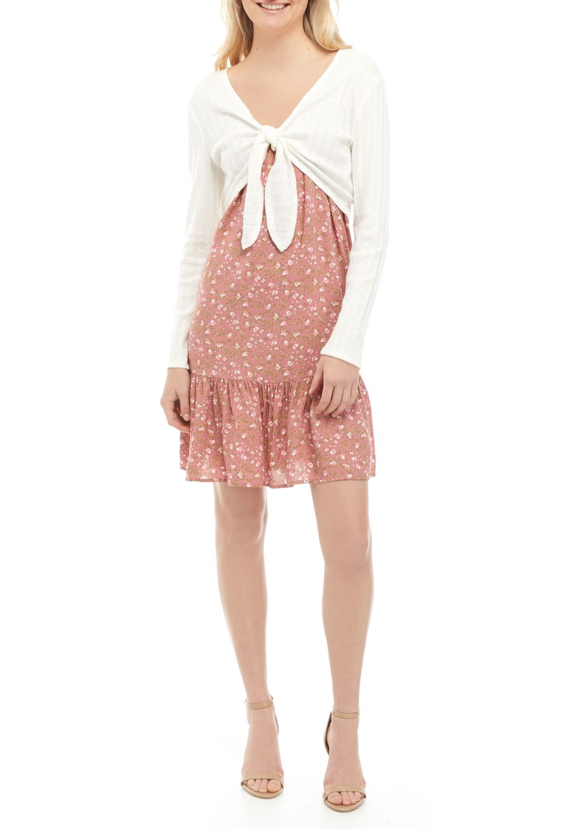 Juniors  Sleeveless Floral Print Dress with Tie Front Cardigan