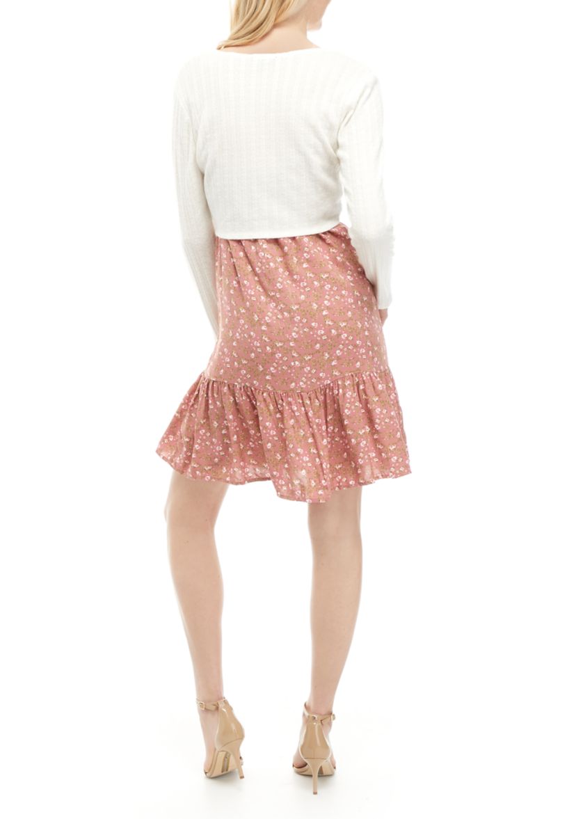 Juniors  Sleeveless Floral Print Dress with Tie Front Cardigan
