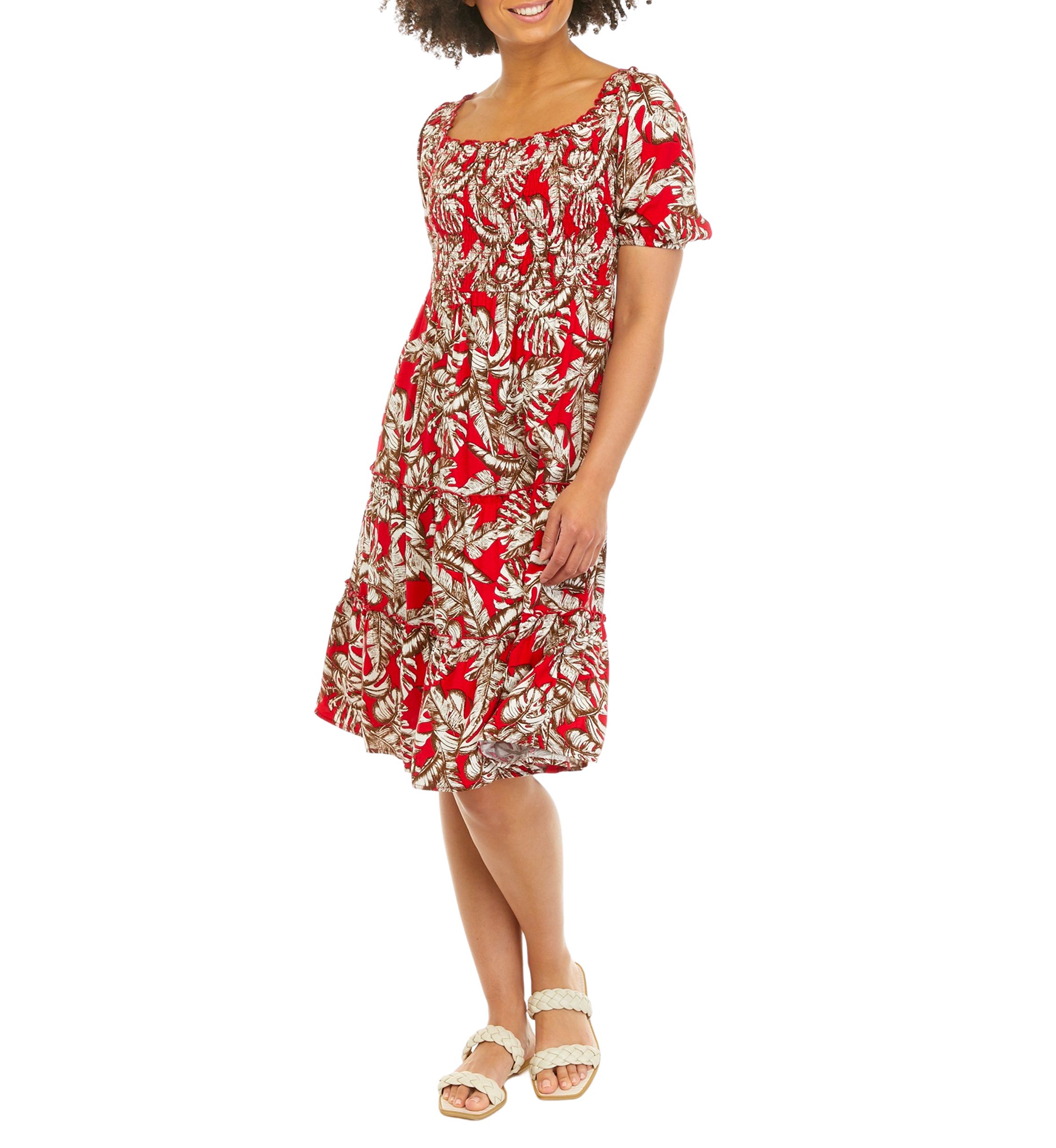 Juniors Puff Sleeve Tropical Print Midi Dress