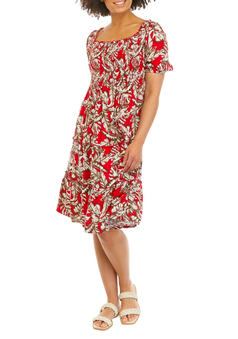 Juniors Puff Sleeve Tropical Print Midi Dress