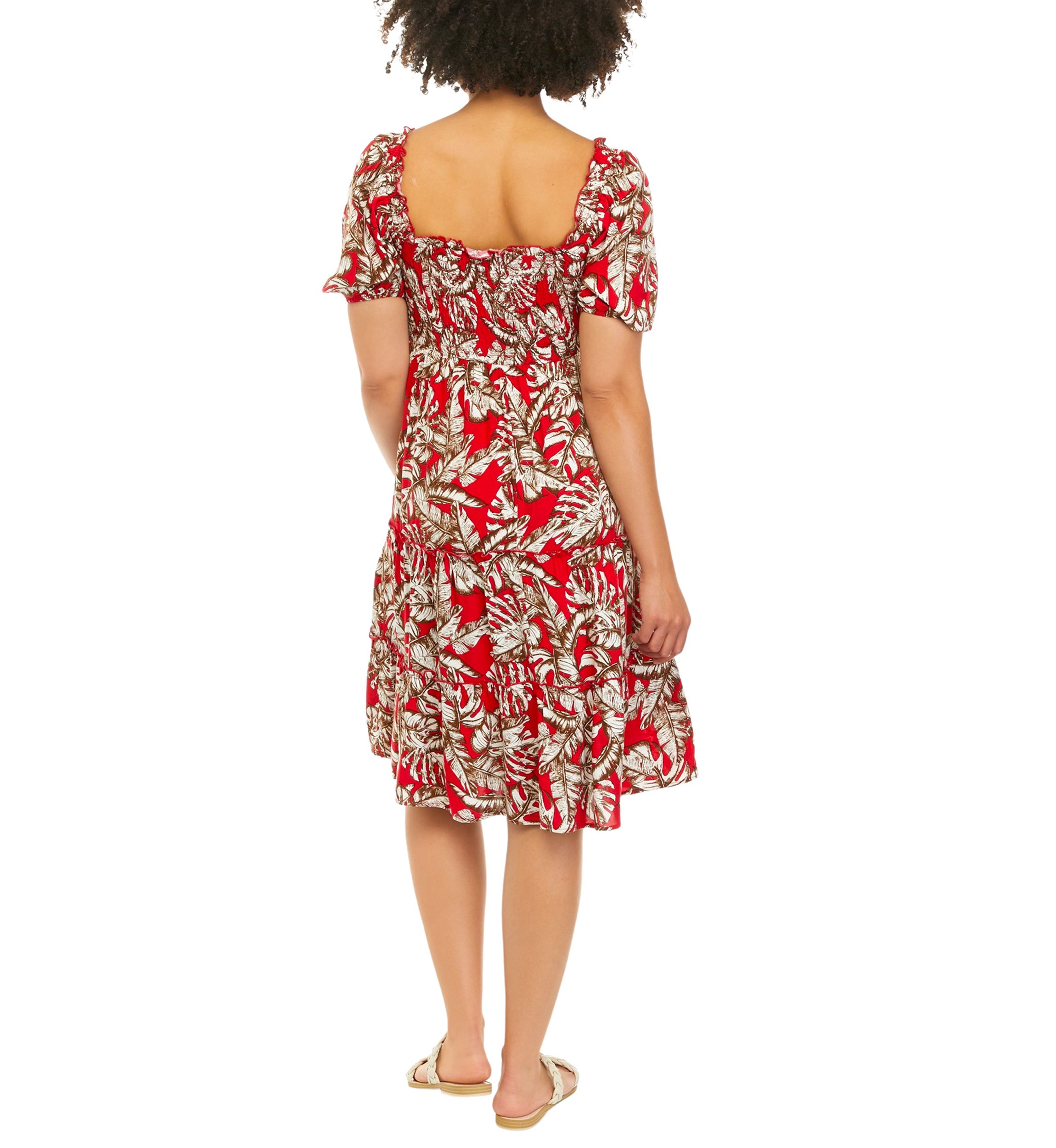 Juniors Puff Sleeve Tropical Print Midi Dress