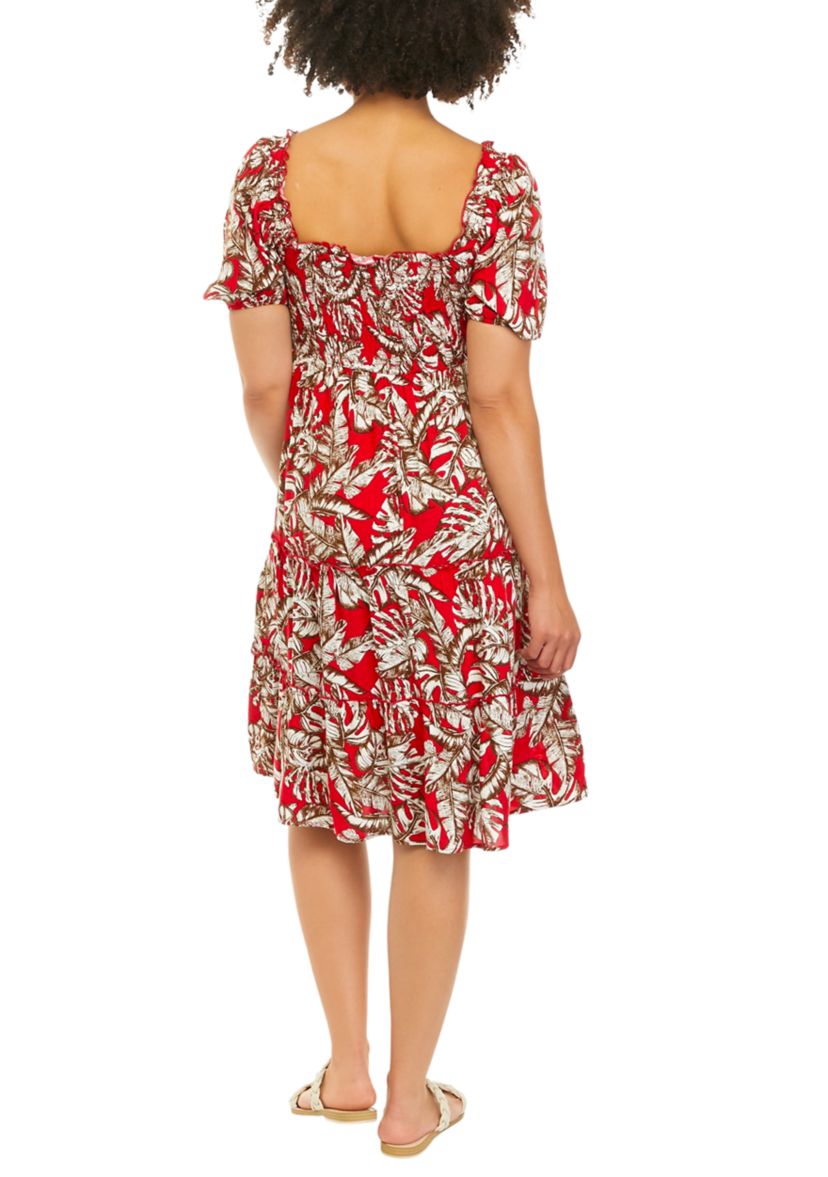 Juniors Puff Sleeve Tropical Print Midi Dress