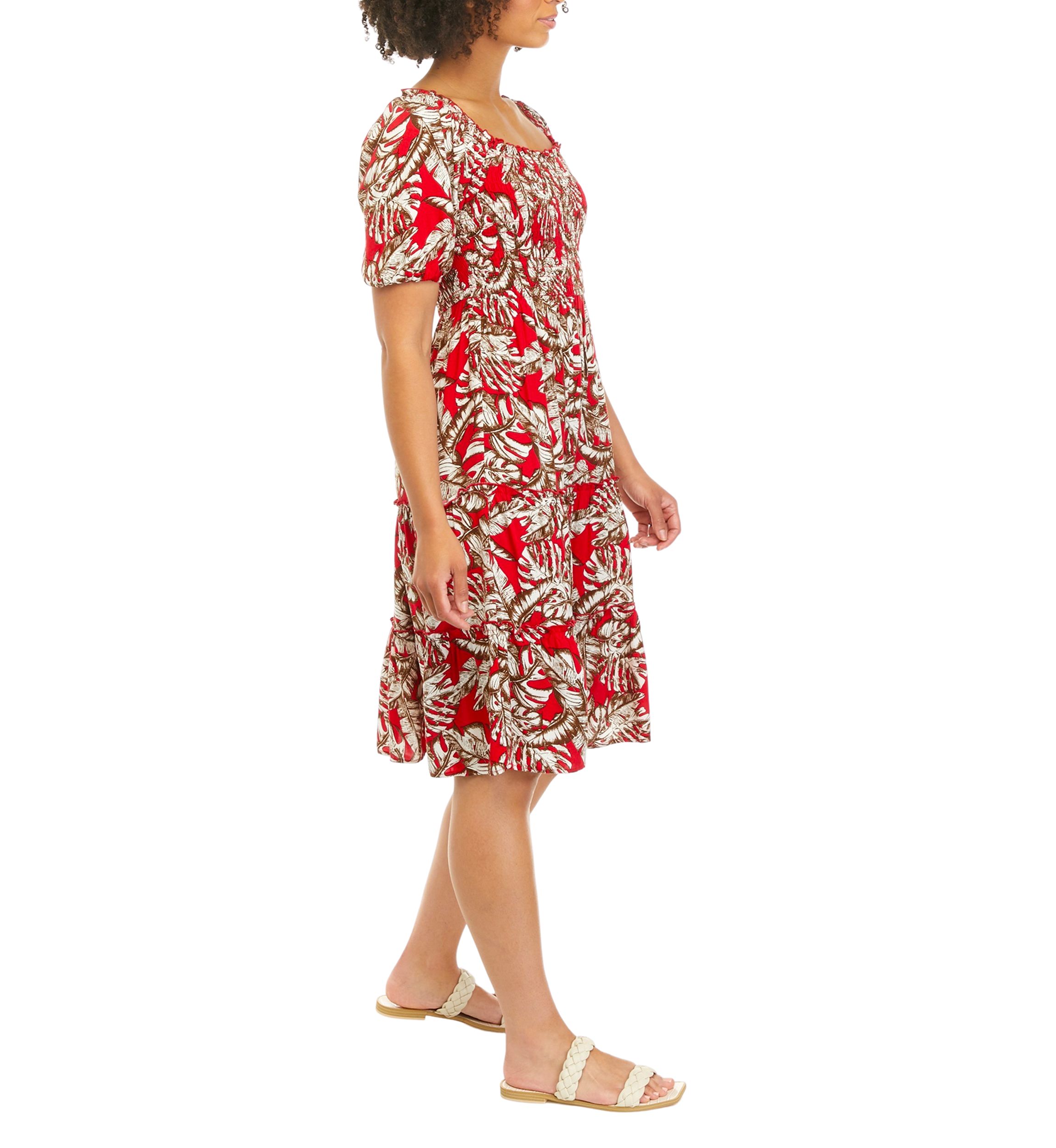 Juniors Puff Sleeve Tropical Print Midi Dress