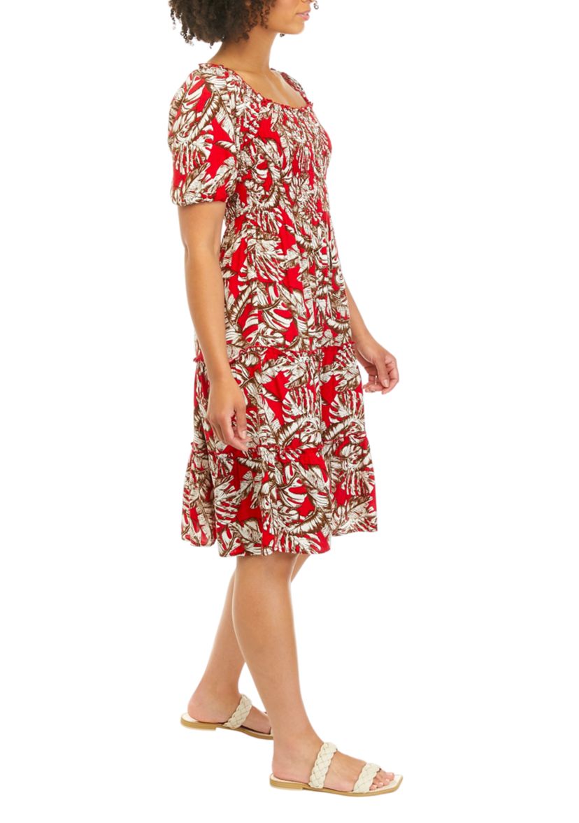 Juniors Puff Sleeve Tropical Print Midi Dress