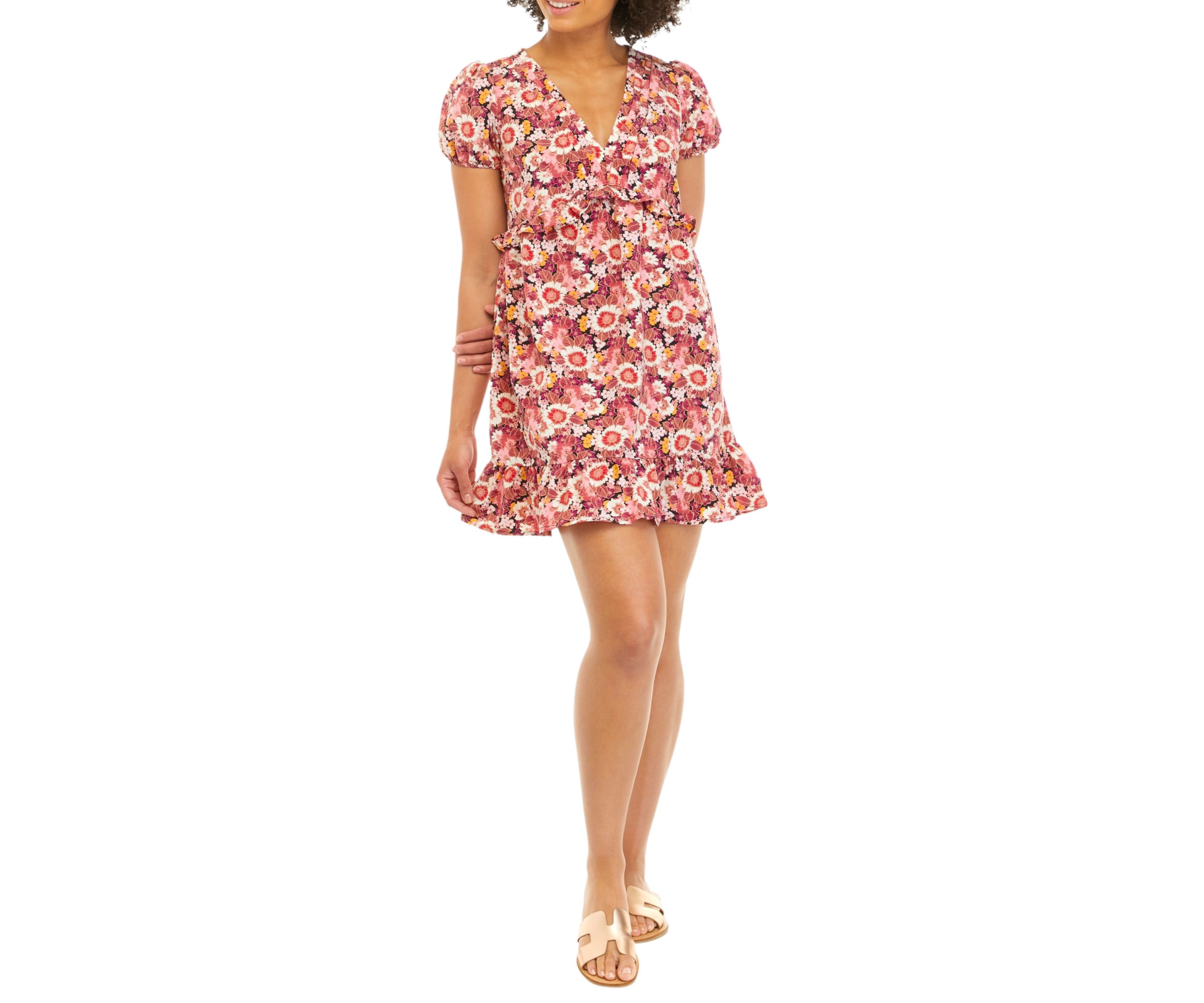 Juniors Puff Sleeve Floral Ruffled Dress 