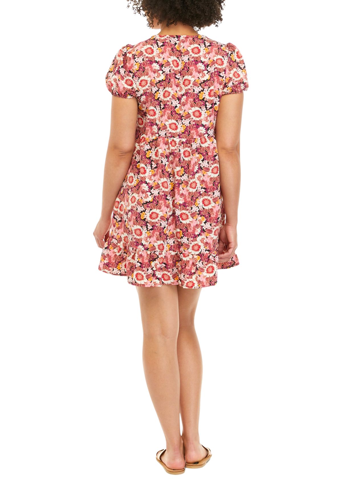 Juniors Puff Sleeve Floral Ruffled Dress 