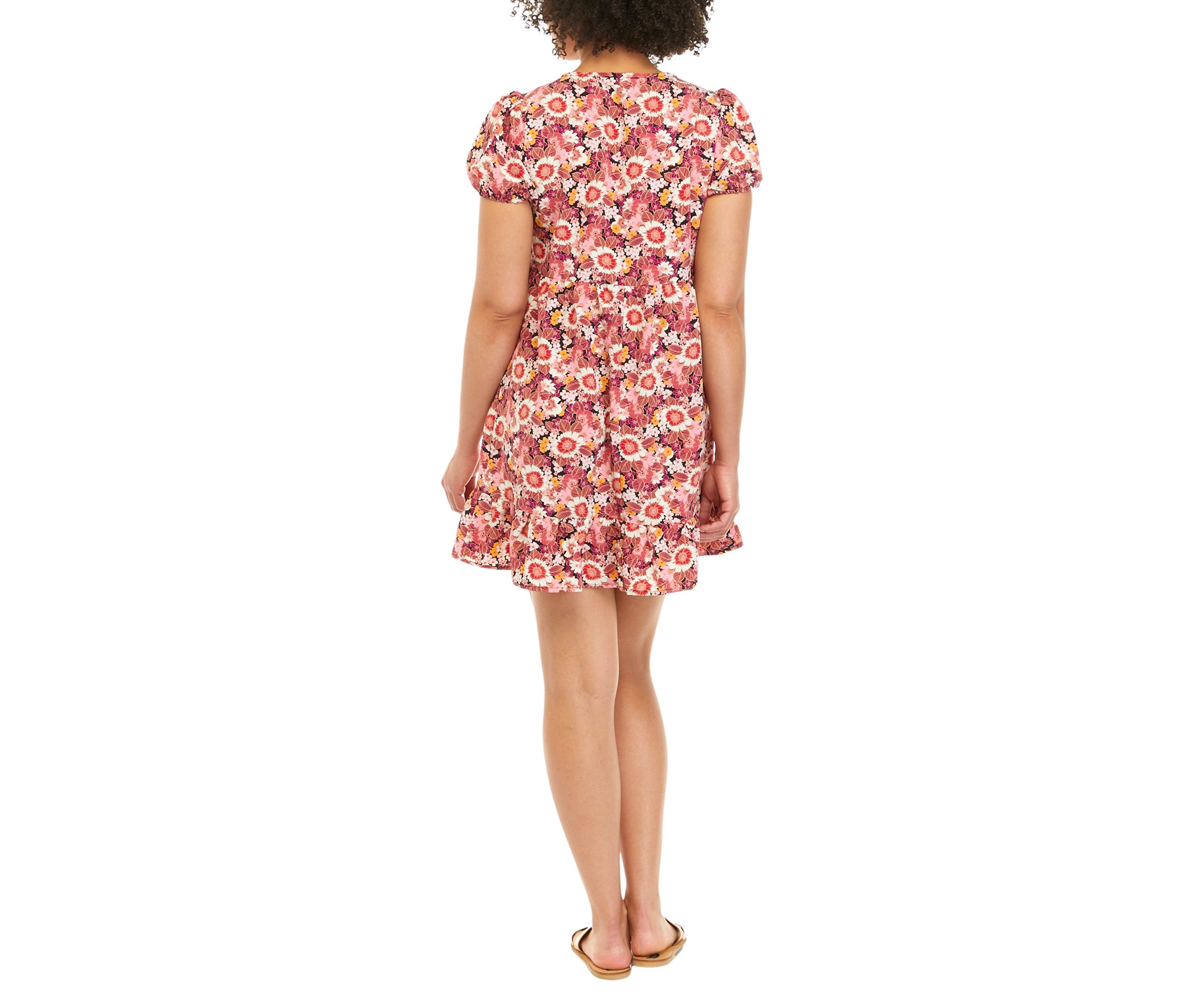 Juniors Puff Sleeve Floral Ruffled Dress 