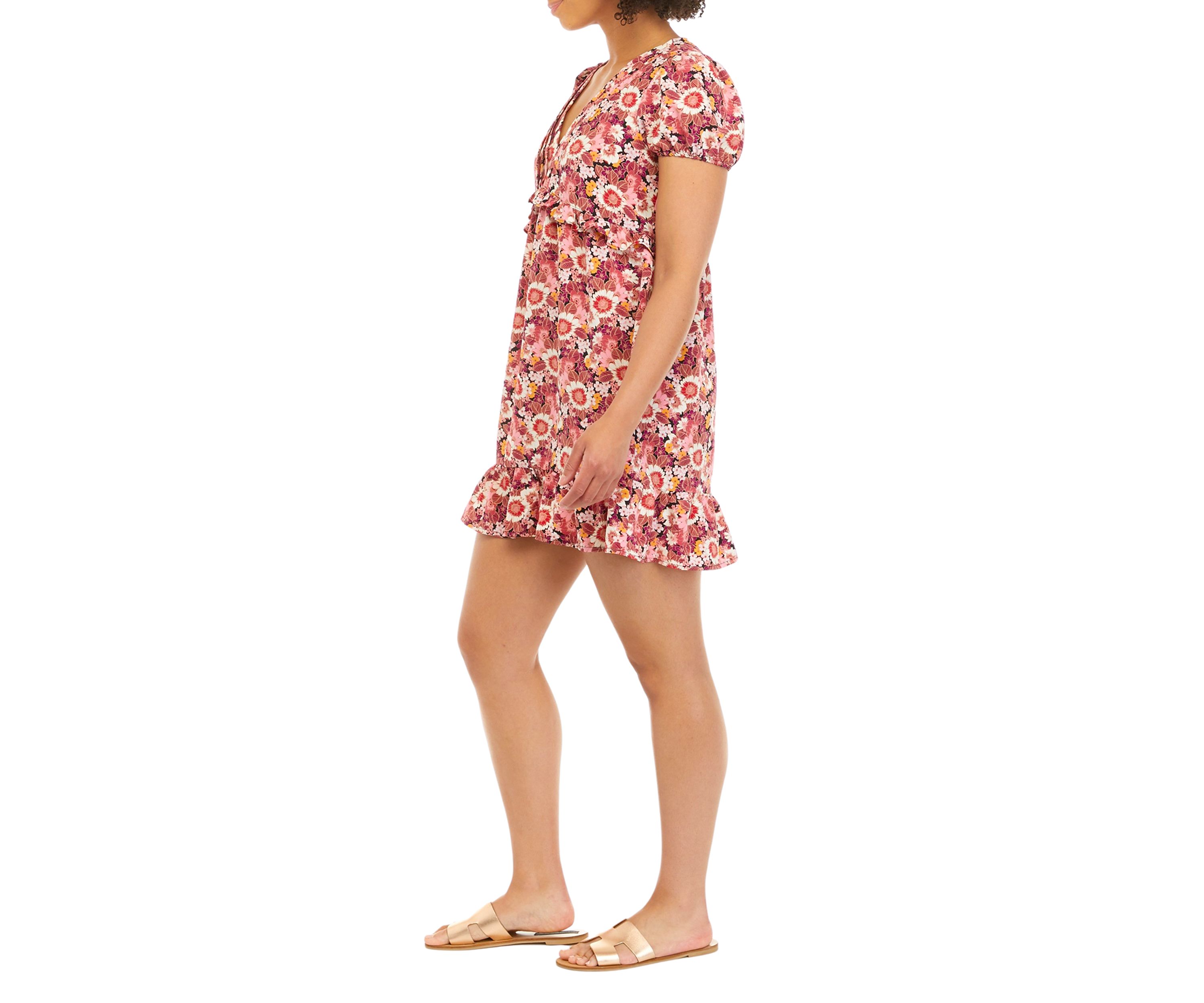 Juniors Puff Sleeve Floral Ruffled Dress 