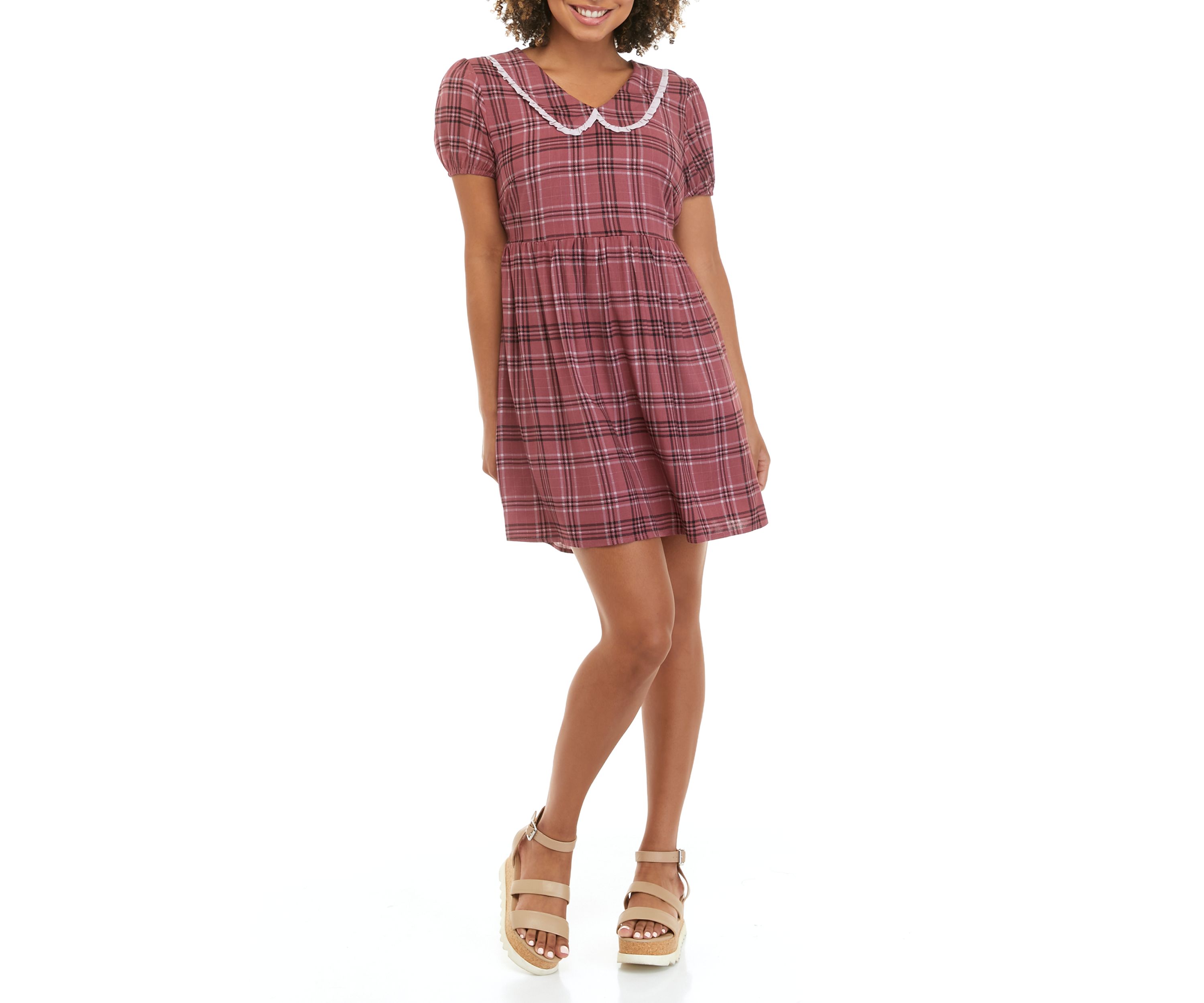 Juniors Short Sleeve Prairie Collar Dress 