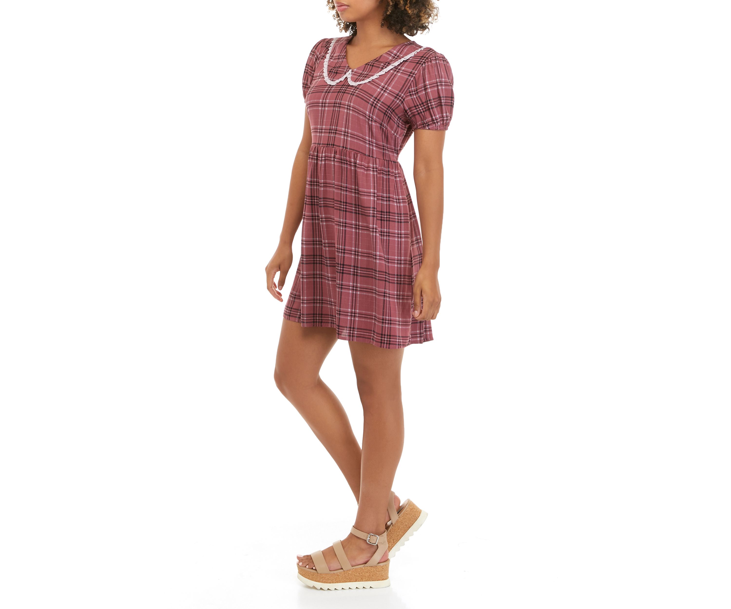 Juniors Short Sleeve Prairie Collar Dress 