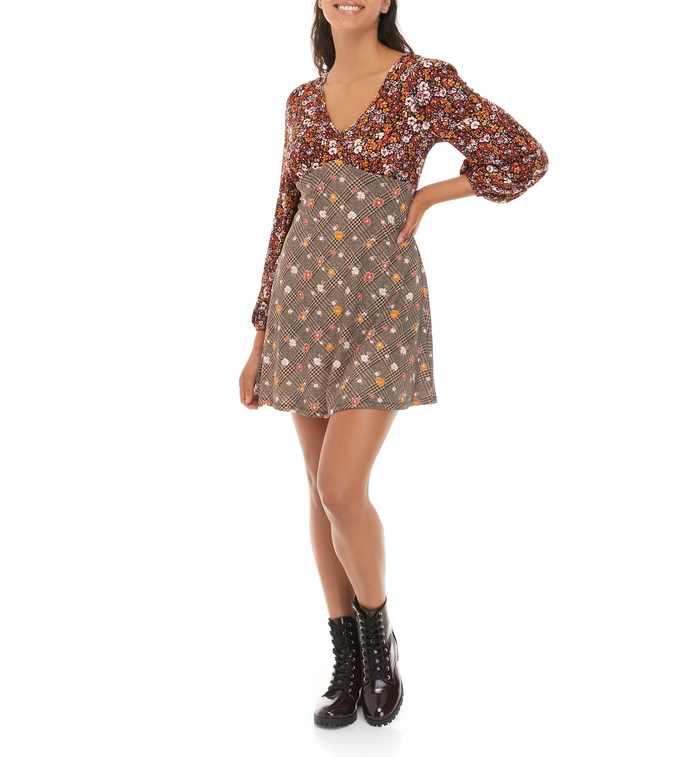 Juniors Long Sleeve V-Neck Fit and Flare Dress