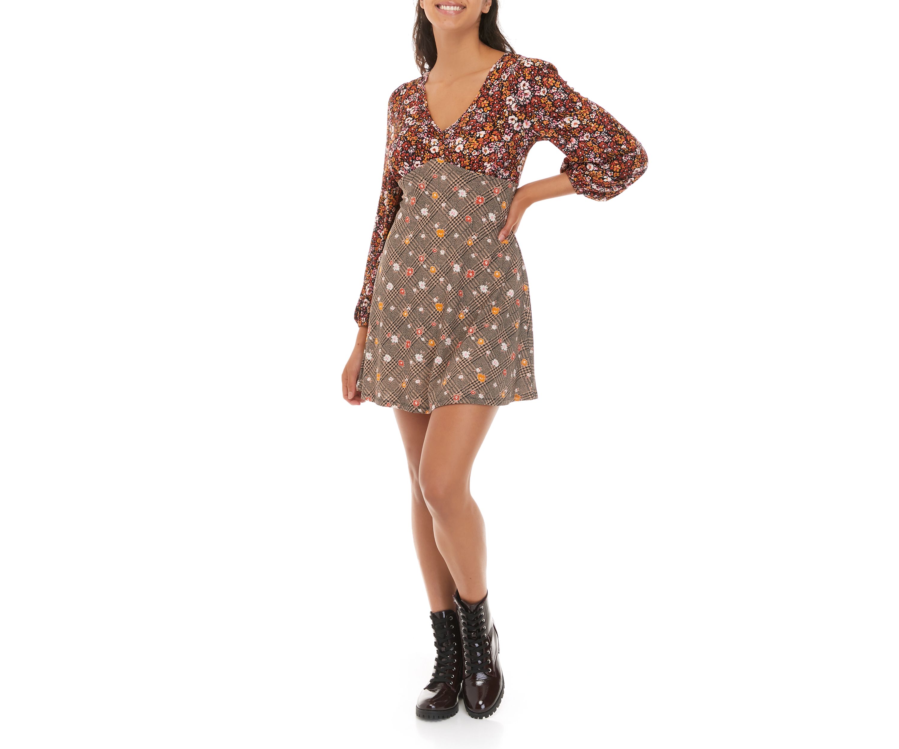 Juniors Long Sleeve V-Neck Fit and Flare Dress