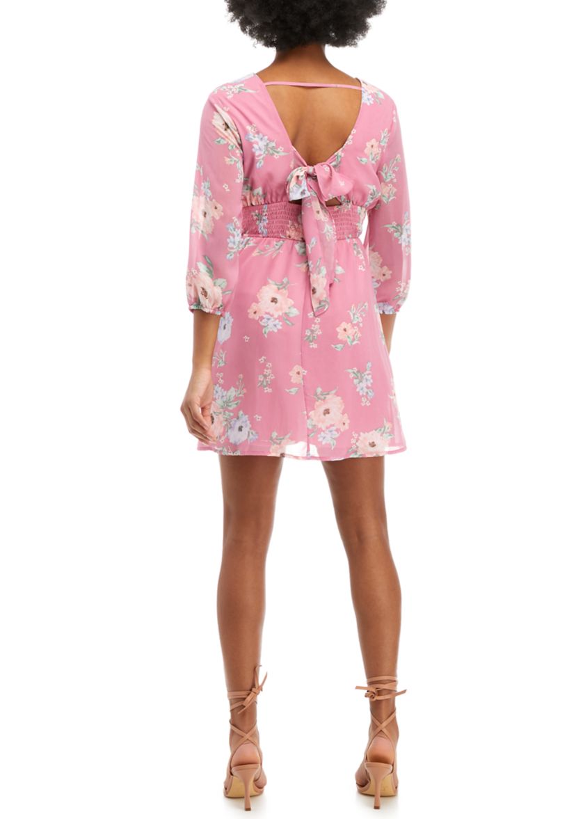 Juniors 3/4 Sleeve Tie Back Surplice Dress