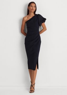 Red One Shoulder Midi Sheath Cocktail Dress Ralph Lauren Women's