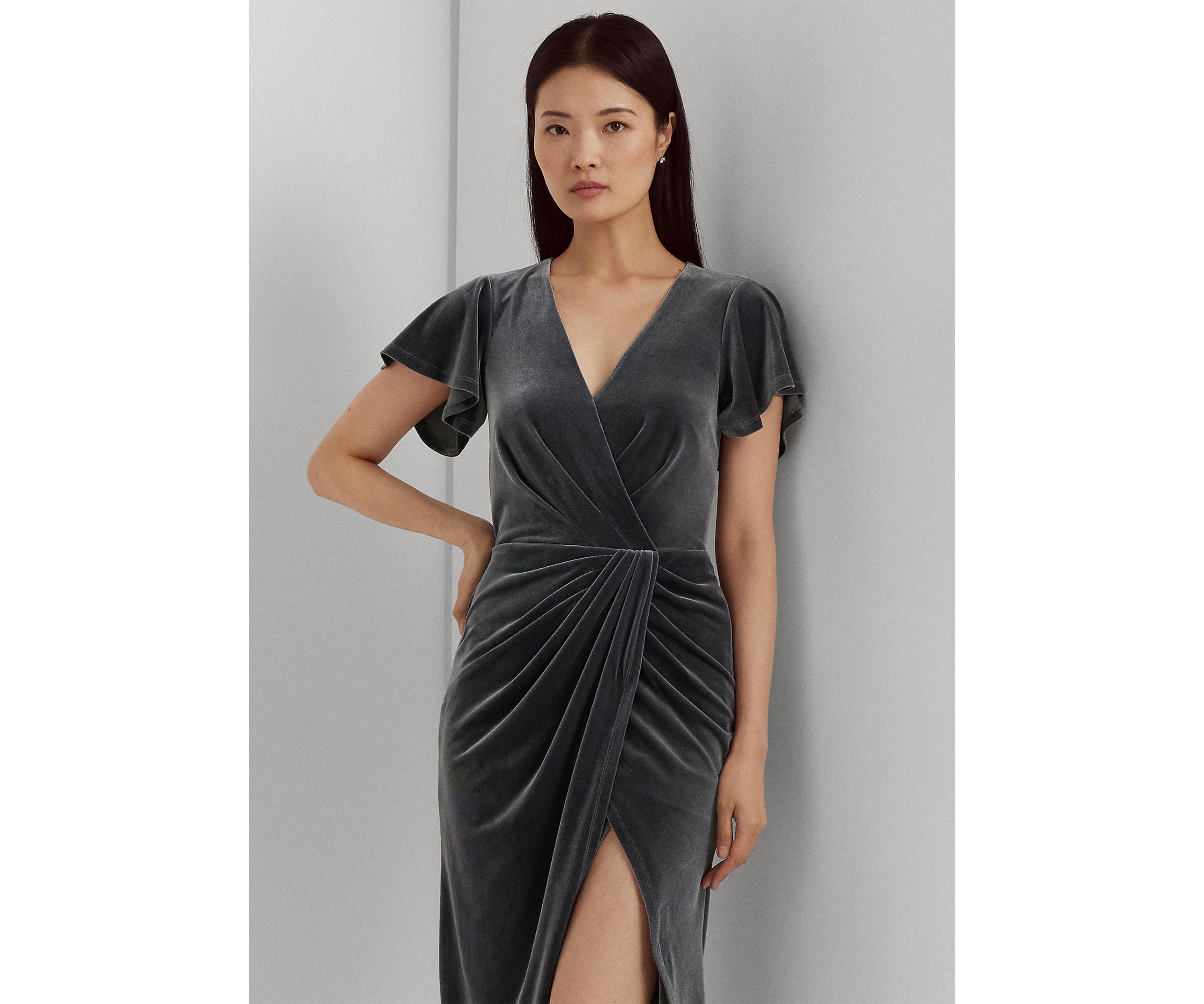 Flutter Sleeve Solid Velvet Gown