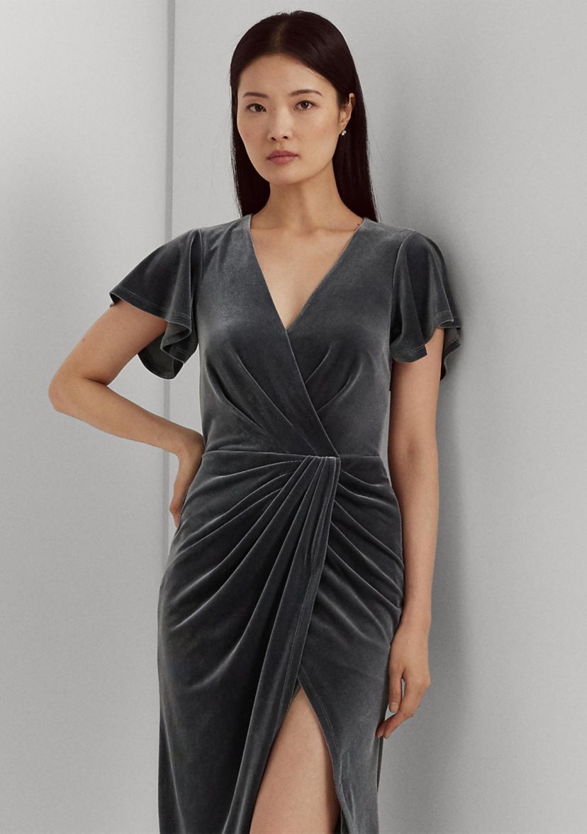 Flutter Sleeve Solid Velvet Gown