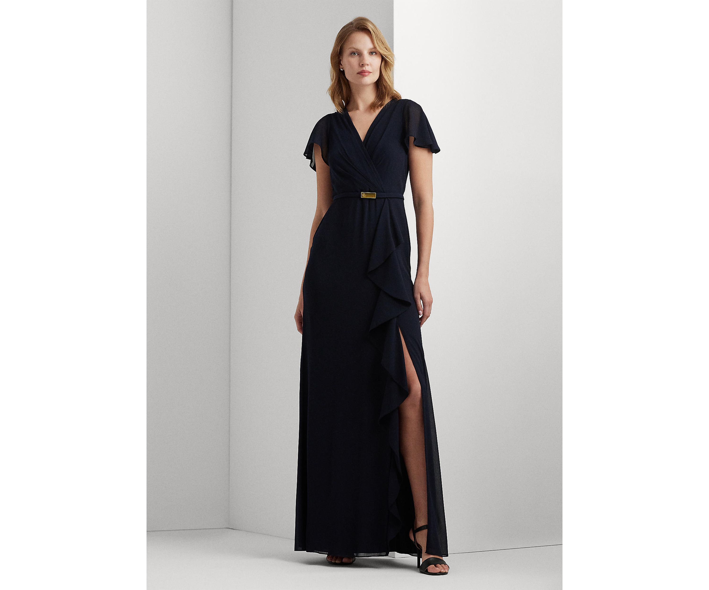 Belted Georgette Flutter-Sleeve Gown