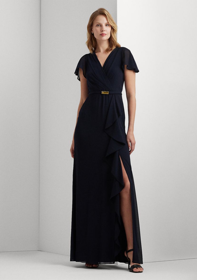 Belted Georgette Flutter-Sleeve Gown