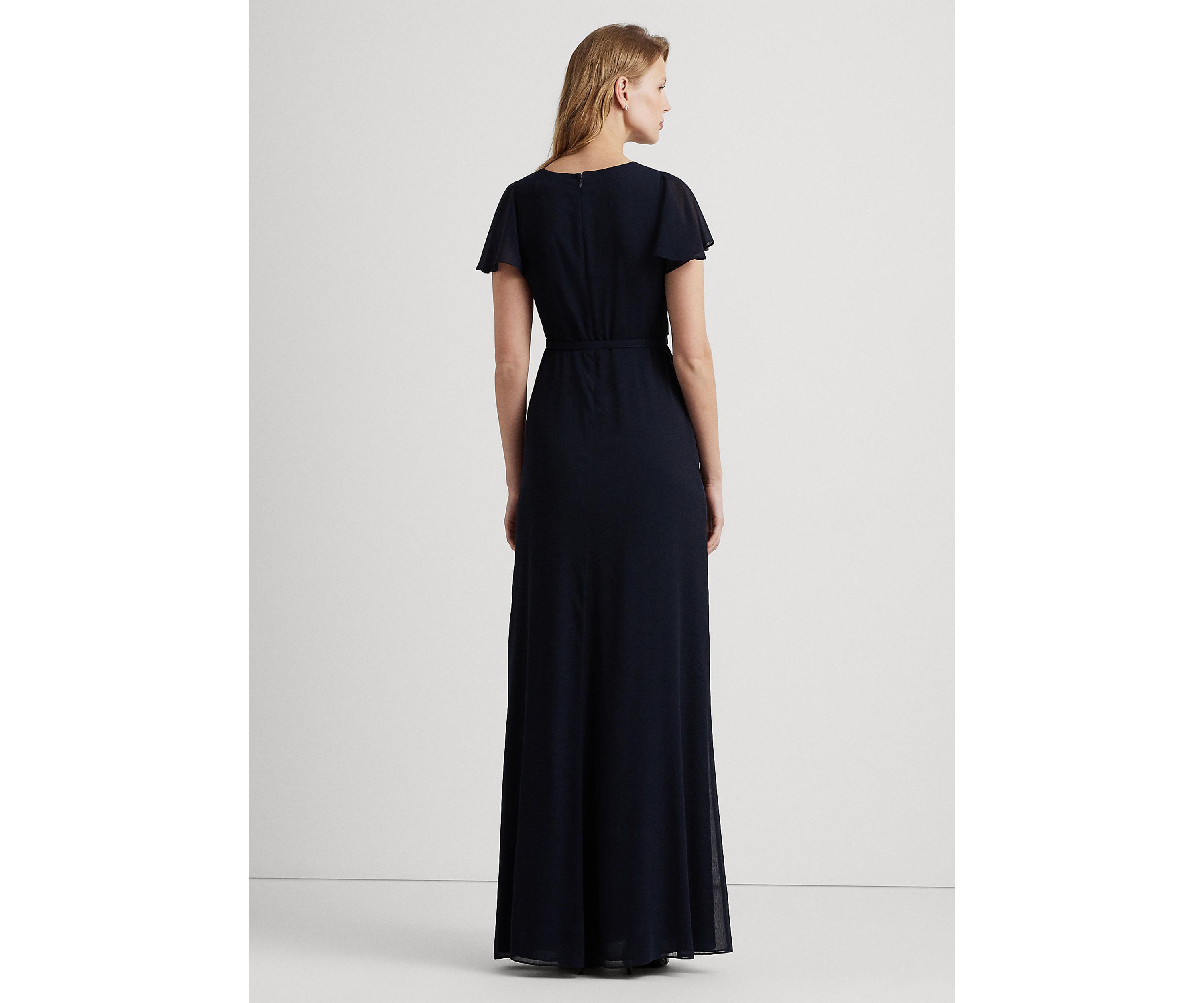 Belted Georgette Flutter-Sleeve Gown