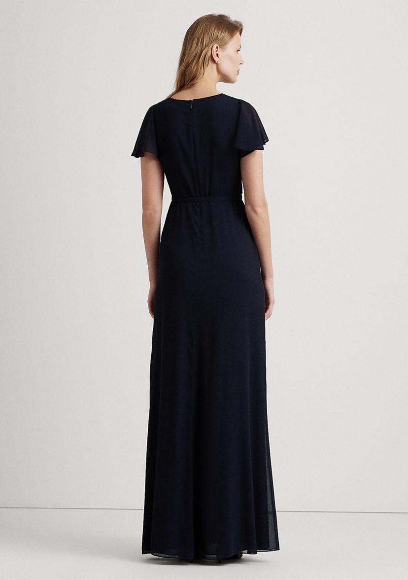 Belted Georgette Flutter-Sleeve Gown