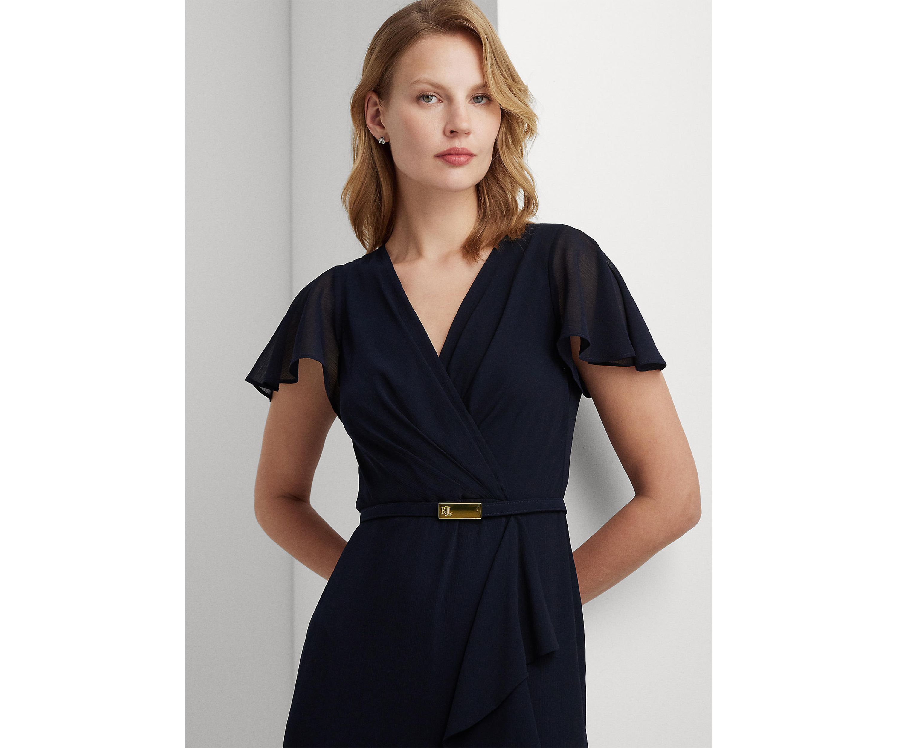 Belted Georgette Flutter-Sleeve Gown