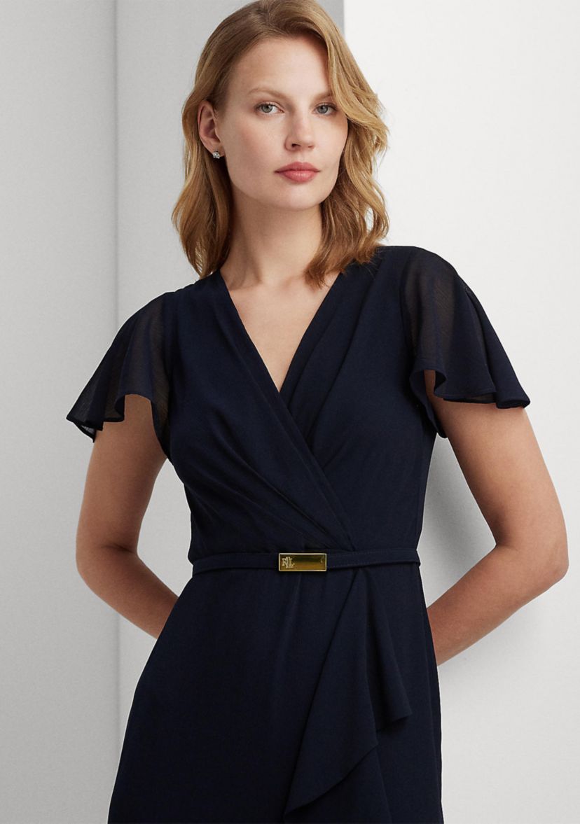 Belted Georgette Flutter-Sleeve Gown