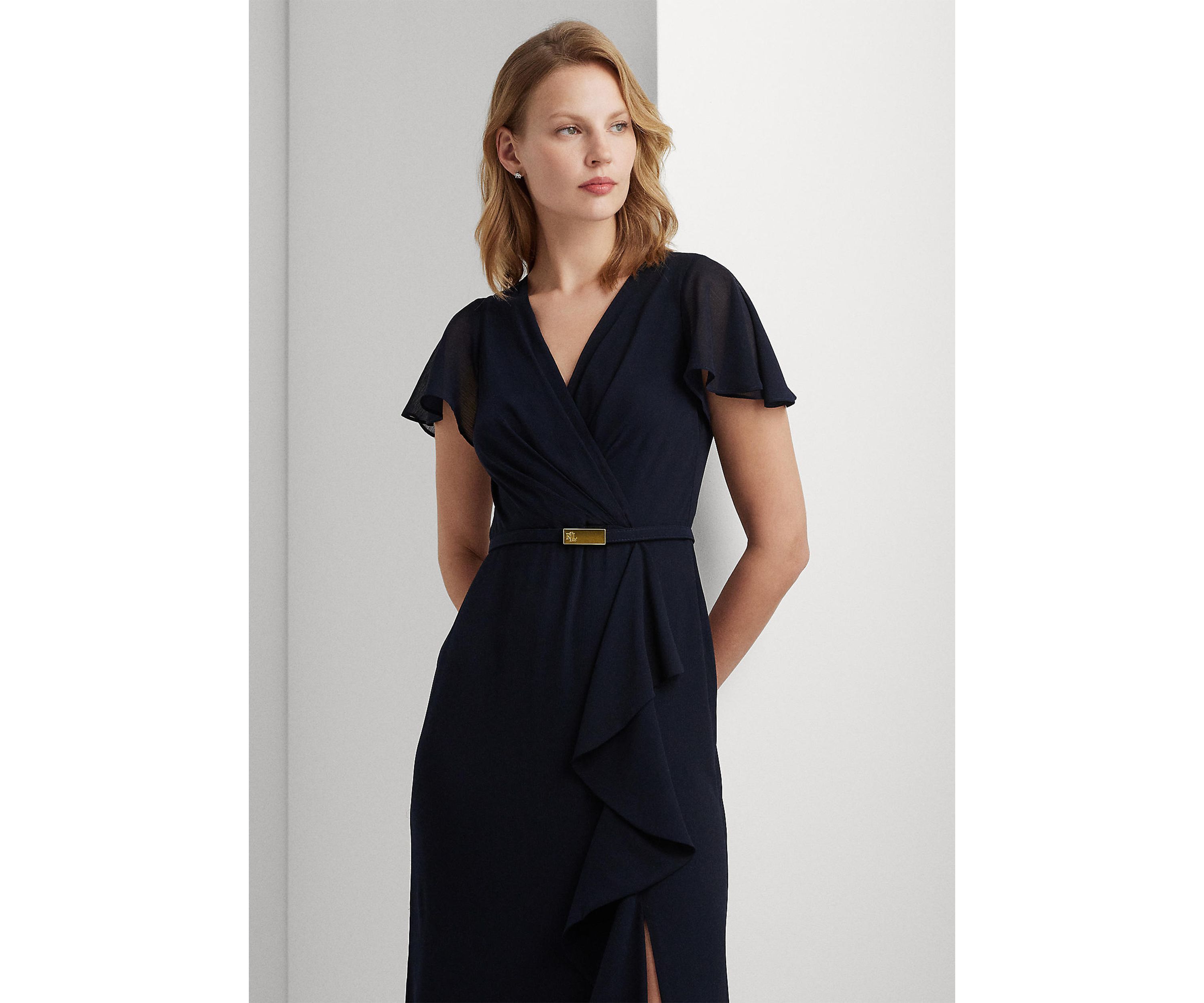 Belted Georgette Flutter-Sleeve Gown